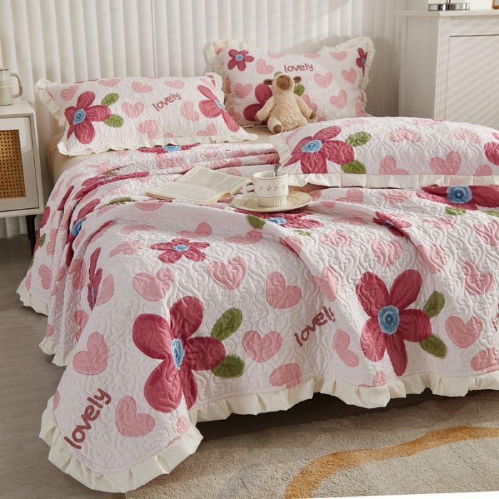 91家纺网 家纺一手货源 找家纺 绵庭 2022新款全棉花边款床盖三件套 梦入花香