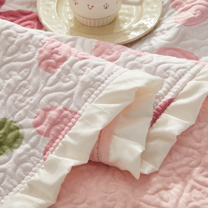 91家纺网 家纺一手货源 找家纺 绵庭 2022新款全棉花边款床盖三件套 梦入花香