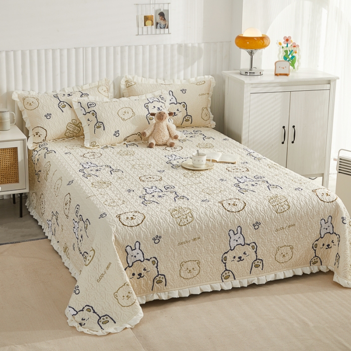 91家纺网 家纺一手货源 找家纺 绵庭 2022新款全棉花边款床盖三件套 哇塞小熊