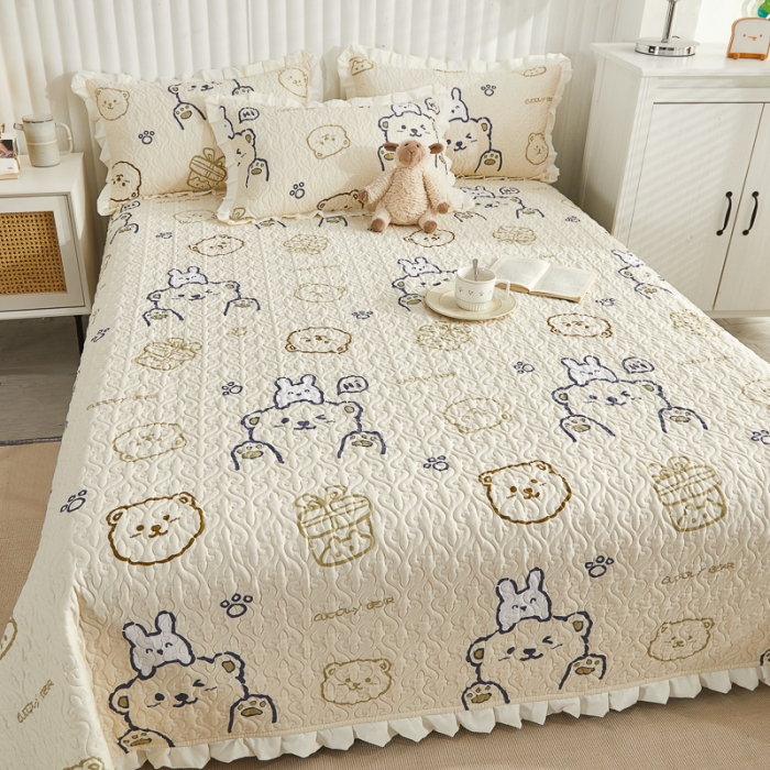 91家纺网 家纺一手货源 找家纺 绵庭 2022新款全棉花边款床盖三件套 哇塞小熊