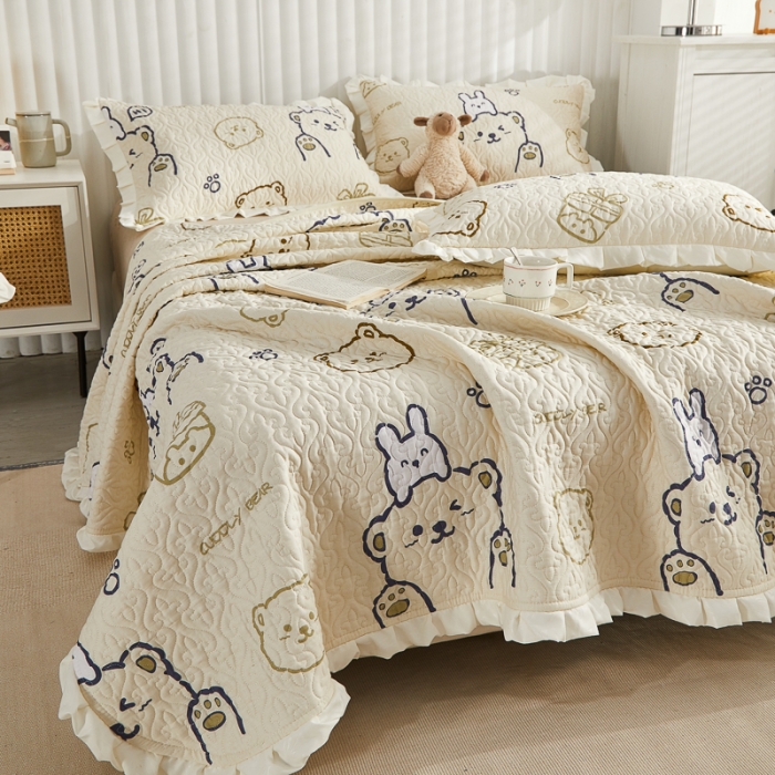 91家纺网 家纺一手货源 找家纺 绵庭 2022新款全棉花边款床盖三件套 哇塞小熊