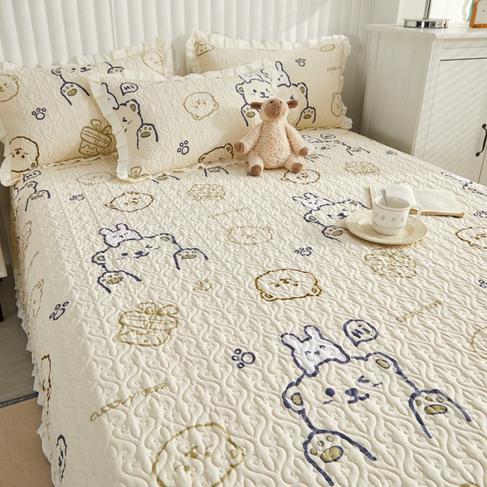 91家纺网 家纺一手货源 找家纺 绵庭 2022新款全棉花边款床盖三件套 哇塞小熊