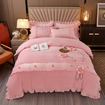 兴美佳 2022新款雕花绒手工盘花四件套 伊甸园-粉玉