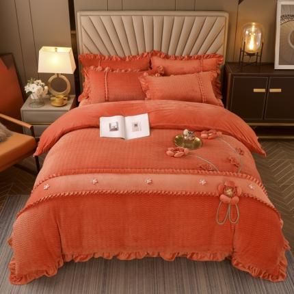 兴美佳 2022新款雕花绒手工盘花四件套 伊甸园-橘