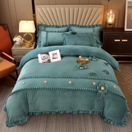 兴美佳 2022新款雕花绒手工盘花四件套 伊甸园-孔雀绿