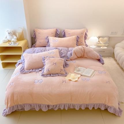 91家纺网 家纺一手货源 找家纺 昔可 2022新款高品质牛奶绒刺绣工艺款四件套 少女心结粉玉