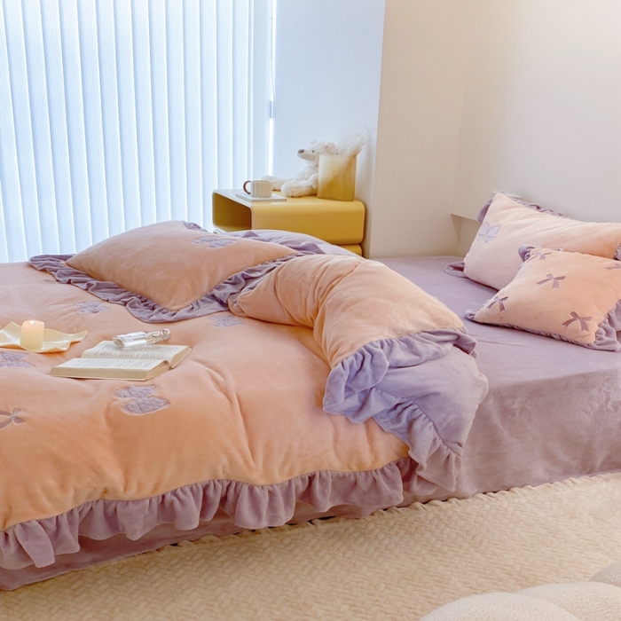 91家纺网 家纺一手货源 找家纺 昔可 2022新款高品质牛奶绒刺绣工艺款四件套 少女心结粉玉