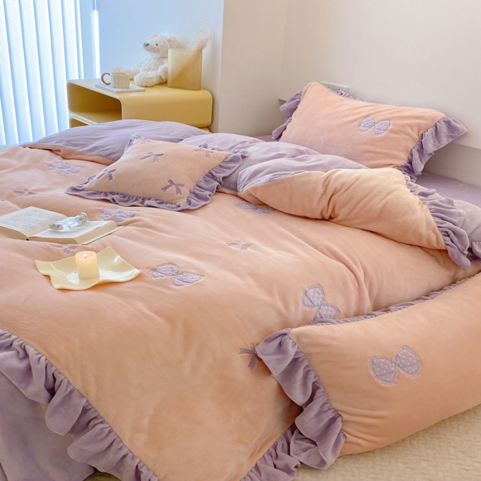 91家纺网 家纺一手货源 找家纺 昔可 2022新款高品质牛奶绒刺绣工艺款四件套 少女心结粉玉