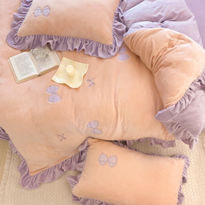 91家纺网 家纺一手货源 找家纺 昔可 2022新款高品质牛奶绒刺绣工艺款四件套 少女心结粉玉