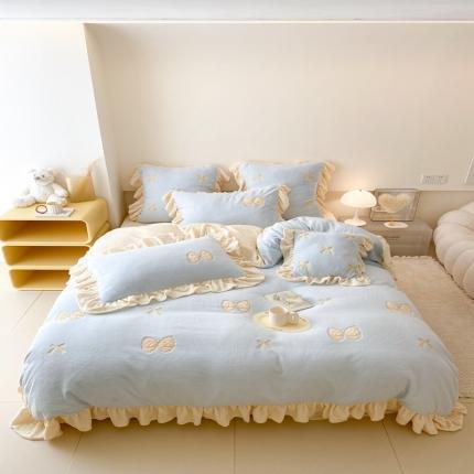 昔可 2022新款高品质牛奶绒刺绣工艺款四件套 少女心结蓝