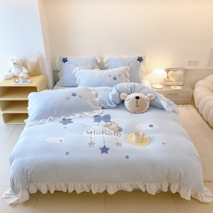 91家纺网 家纺一手货源 找家纺 昔可 2022新款高品质牛奶绒刺绣工艺款四件套 星星熊宝