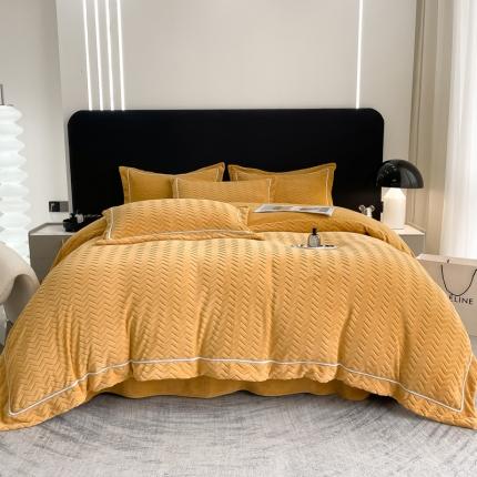 91家纺网 家纺一手货源 找家纺 若未 秋冬雕花烂花牛奶绒撞色拼边四件套-蔚来-芝士黄