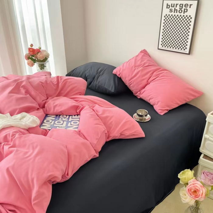 91家纺网 家纺一手货源 找家纺 雨帆家纺 2022新款纯色系列四件套 树莓+黑