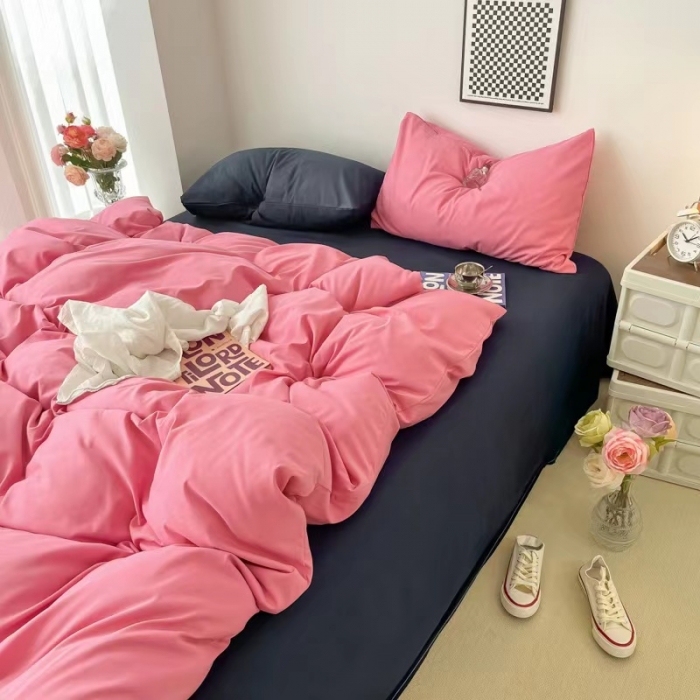 91家纺网 家纺一手货源 找家纺 雨帆家纺 2022新款纯色系列四件套 树莓+黑