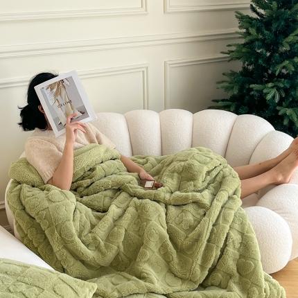 91家纺网 家纺一手货源 找家纺 顾里22新款慕斯绒提花剪花大朵羊羔绒双层暗合压线毛毯场景一 芭乐绿