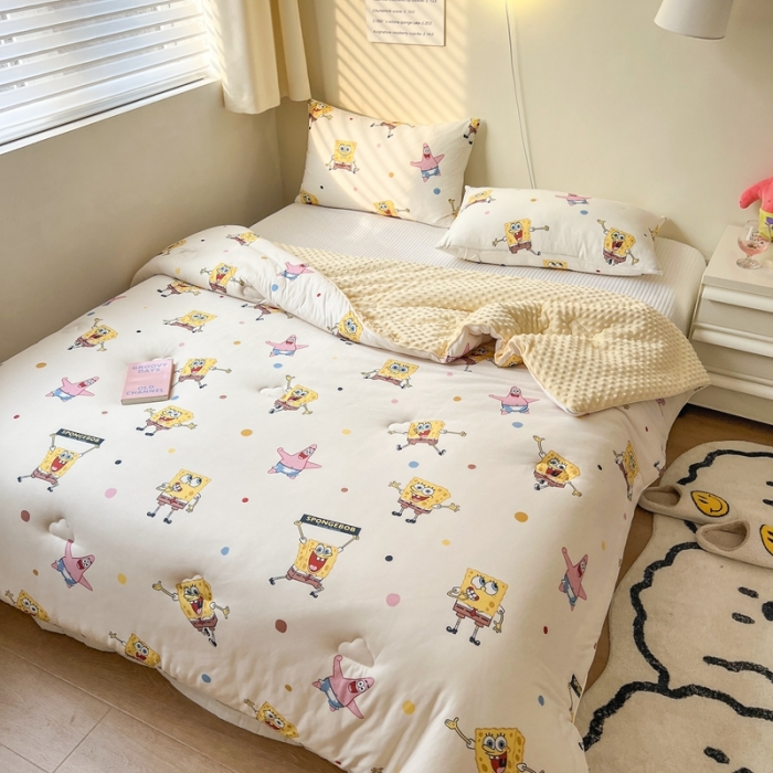 91家纺网 家纺一手货源 找家纺 木堇家居 2022新款海绵宝宝针织豆豆被 开心乐园