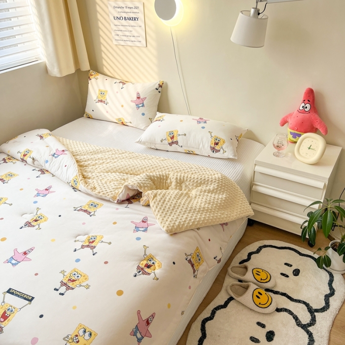 91家纺网 家纺一手货源 找家纺 木堇家居 2022新款海绵宝宝针织豆豆被 开心乐园