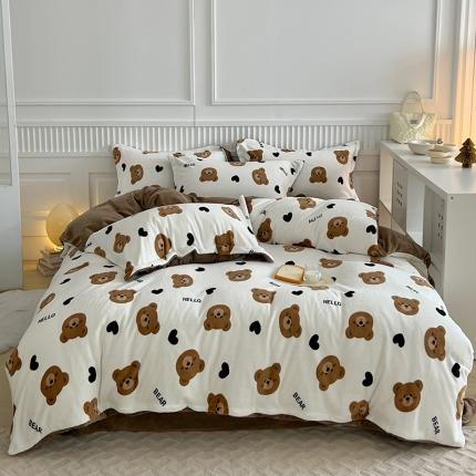 91家纺网 家纺一手货源 找家纺 木堇家居 2022新款全消光牛奶绒四件套 摩卡熊