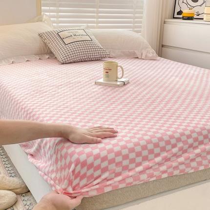 91家纺网 家纺一手货源 找家纺 N先生 2023新款纯色牛奶绒单床笠 棋盘格-粉