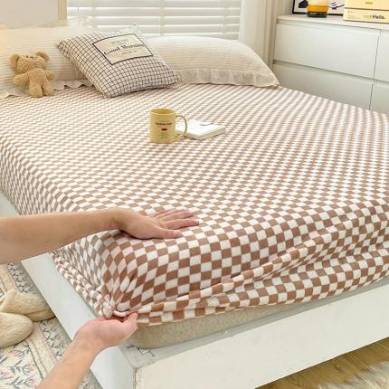 N先生 2023新款纯色牛奶绒单床笠 棋盘格-咖