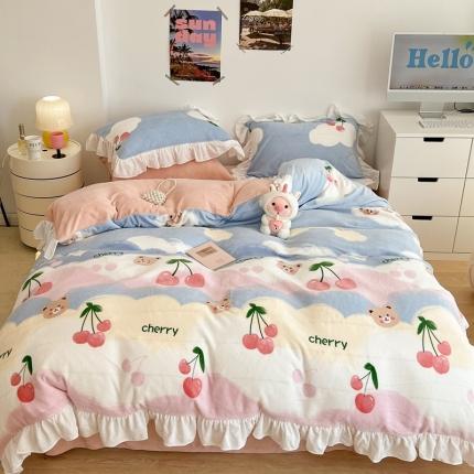 91家纺网 家纺一手货源 找家纺 昔可 2022新款花边牛奶绒四件套 彩虹樱桃熊