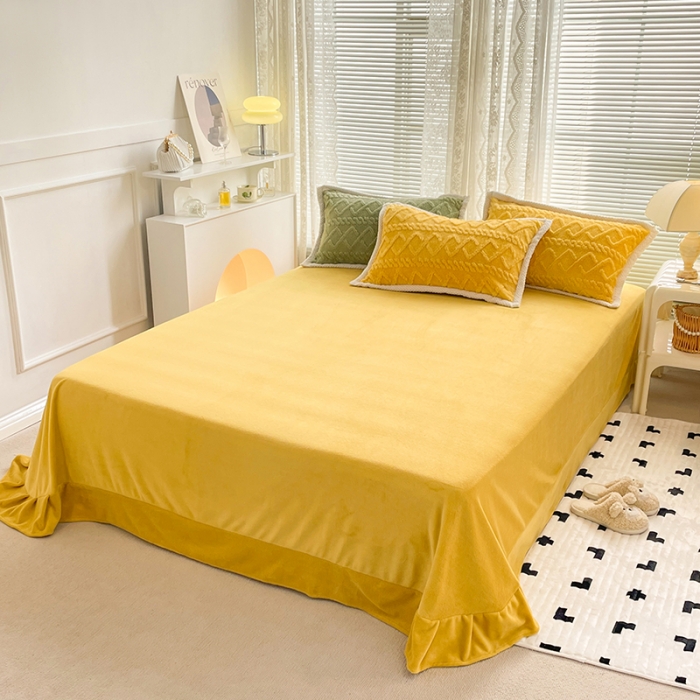 91家纺网 家纺一手货源 找家纺 贝拉梦 2023款高克重塔芙绒纯色素色牛奶绒四件套 塔芙姜黄