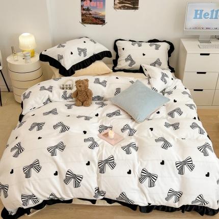 91家纺网 家纺一手货源 找家纺 昔可 2022新款花边牛奶绒四件套 赫本蝴蝶结