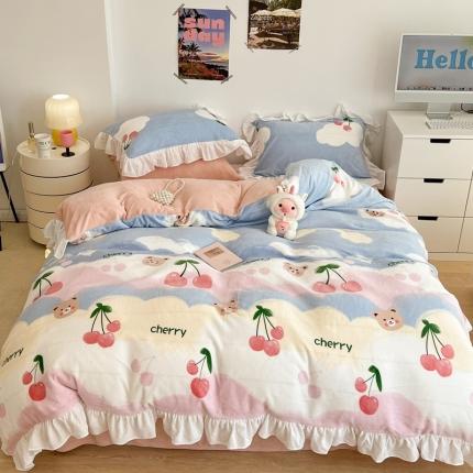 昔可 2022新款花边牛奶绒四件套 彩虹樱桃熊