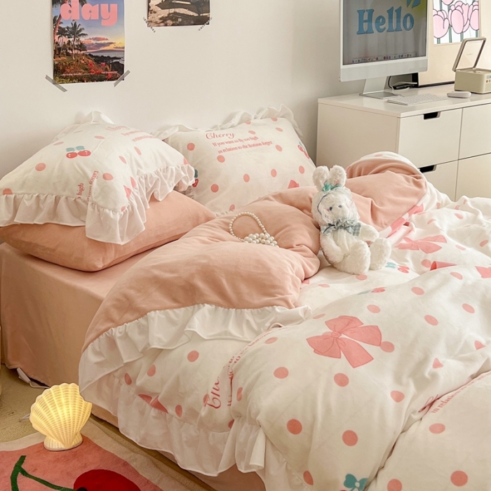 91家纺网 家纺一手货源 找家纺 昔可 2022新款花边牛奶绒四件套 粉色少女心