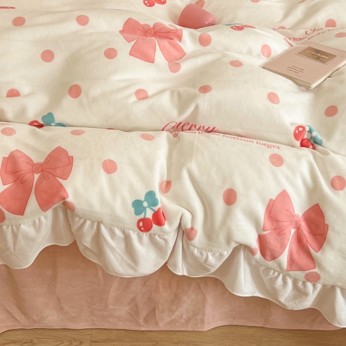 91家纺网 家纺一手货源 找家纺 昔可 2022新款花边牛奶绒四件套 粉色少女心