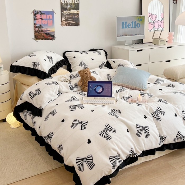 91家纺网 家纺一手货源 找家纺 昔可 2022新款花边牛奶绒四件套 赫本蝴蝶结