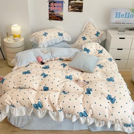 昔可 2022新款花边牛奶绒四件套 蓝波点蝴蝶结