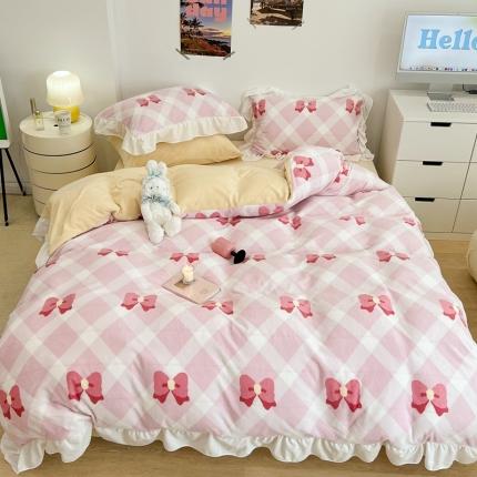 昔可 2022新款花边牛奶绒四件套 菱格蝴蝶结粉