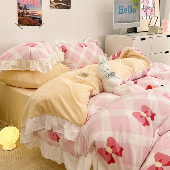 91家纺网 家纺一手货源 找家纺 昔可 2022新款花边牛奶绒四件套 菱格蝴蝶结粉