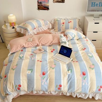 昔可 2022新款花边牛奶绒四件套 竖条玫瑰花