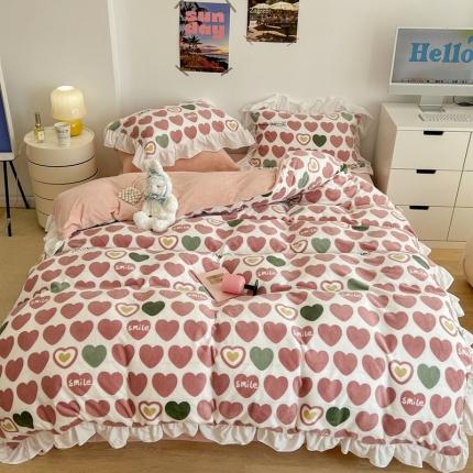 昔可 2022新款花边牛奶绒四件套 微笑爱心粉