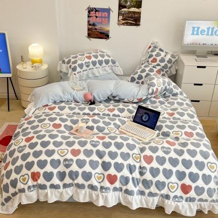 昔可 2022新款花边牛奶绒四件套 微笑爱心蓝