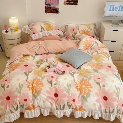 昔可 2022新款花边牛奶绒四件套 油画粉花