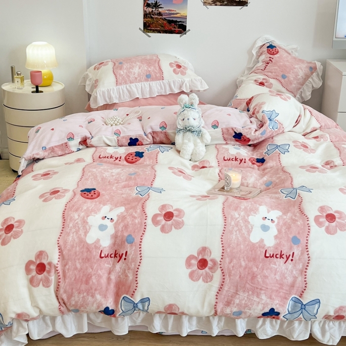 91家纺网 家纺一手货源 找家纺 昔可 2022新款花边牛奶绒四件套 油画小兔