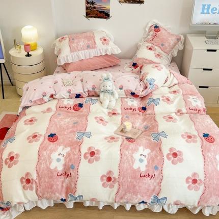 昔可 2022新款花边牛奶绒四件套 油画小兔