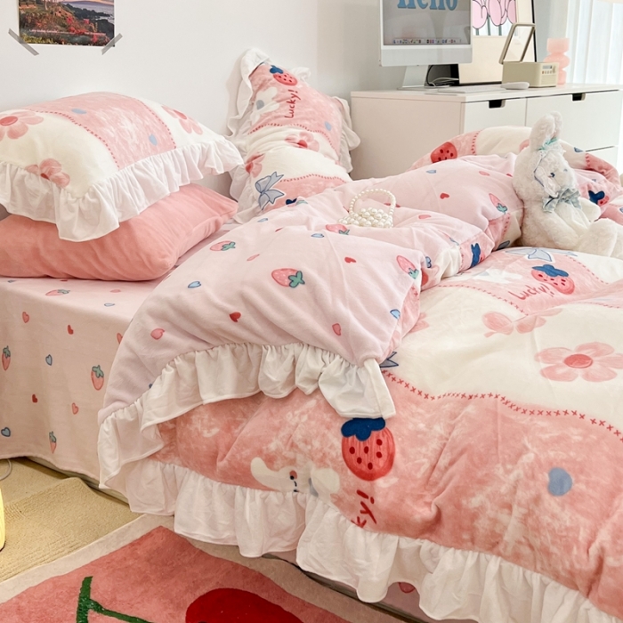 91家纺网 家纺一手货源 找家纺 昔可 2022新款花边牛奶绒四件套 油画小兔