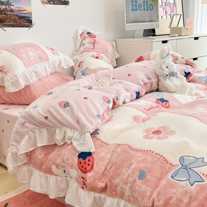 91家纺网 家纺一手货源 找家纺 昔可 2022新款花边牛奶绒四件套 油画小兔