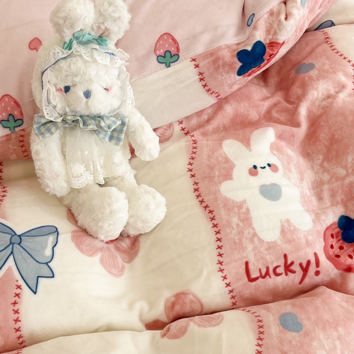 91家纺网 家纺一手货源 找家纺 昔可 2022新款花边牛奶绒四件套 油画小兔