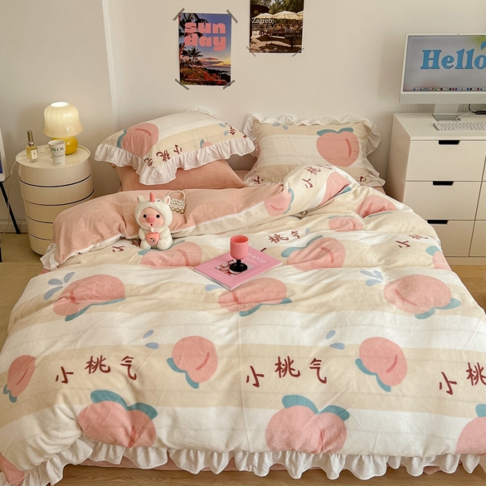 91家纺网 家纺一手货源 找家纺 昔可 2022新款花边牛奶绒四件套 元气桃桃