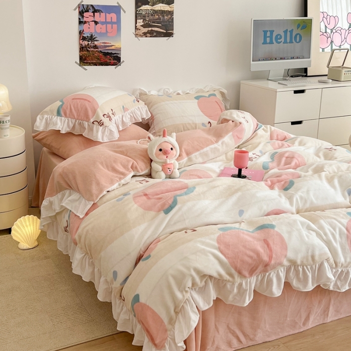 91家纺网 家纺一手货源 找家纺 昔可 2022新款花边牛奶绒四件套 元气桃桃