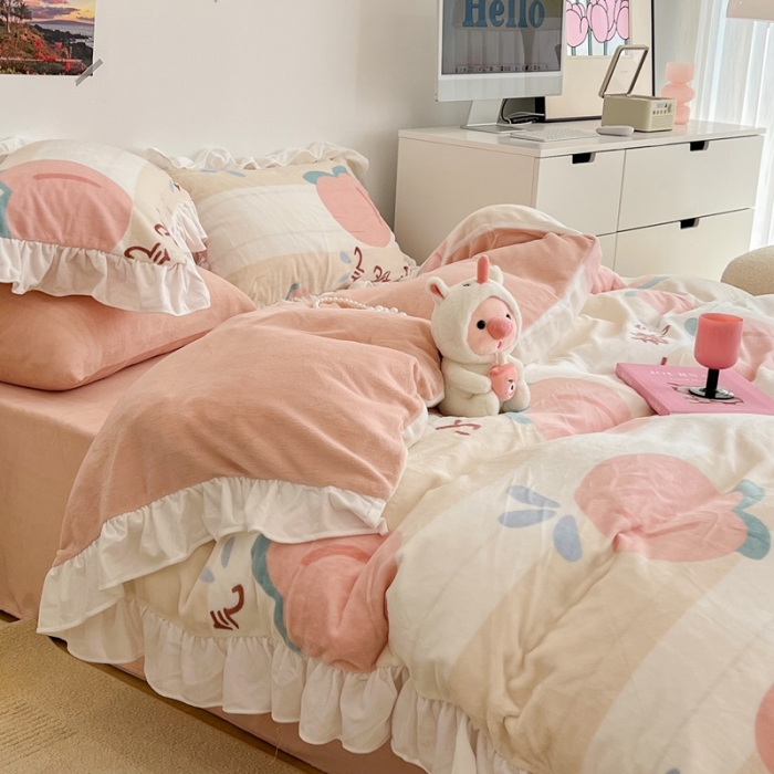91家纺网 家纺一手货源 找家纺 昔可 2022新款花边牛奶绒四件套 元气桃桃