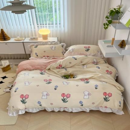 91家纺网 家纺一手货源 找家纺 昔可 2022新款花边牛奶绒四件套 粉粉郁金兔