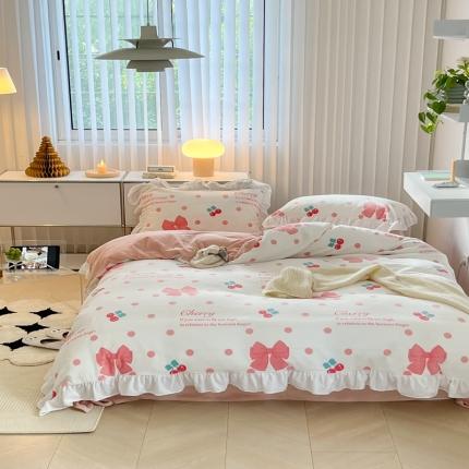 91家纺网 家纺一手货源 找家纺 昔可 2022新款花边牛奶绒四件套 粉色少女心