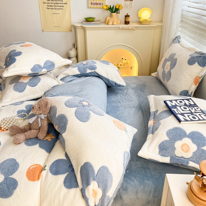 91家纺网 家纺一手货源 找家纺 慕尚2022新款5D牛奶绒法莱绒雪花绒四件套橘子花