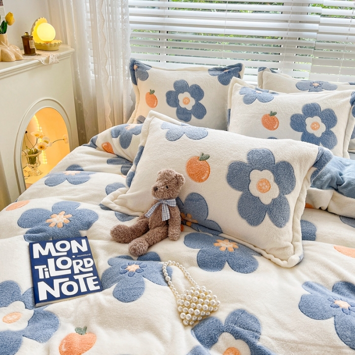 91家纺网 家纺一手货源 找家纺 慕尚2022新款5D牛奶绒法莱绒雪花绒四件套橘子花